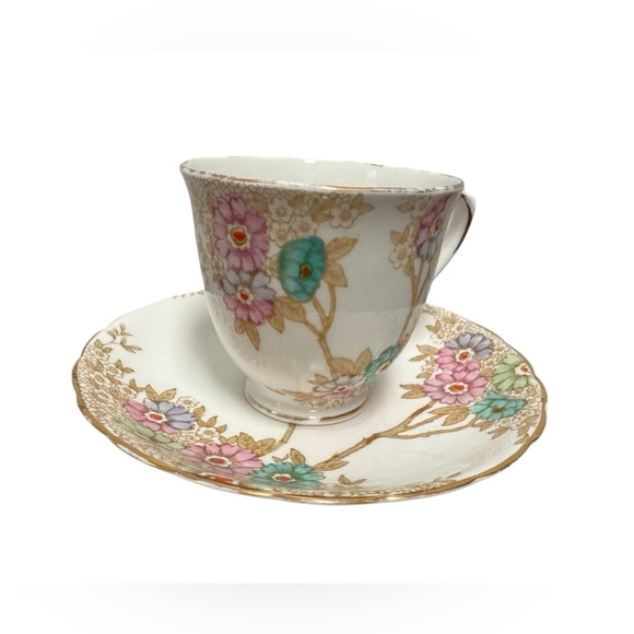 Vintage Tuscan England Tea Cup and Saucer Porcelain Turquoise/Purple - Picture 1 of 4